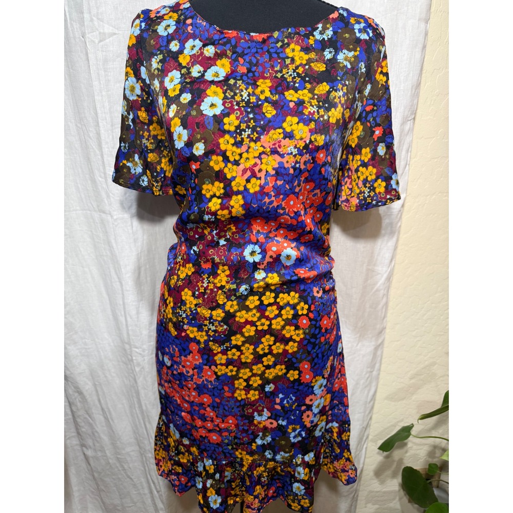Anthropologie Floral Mini Dress Multi Color Ruched Ruffle Hem Tie Back US 10 - Picture 5 of 5
